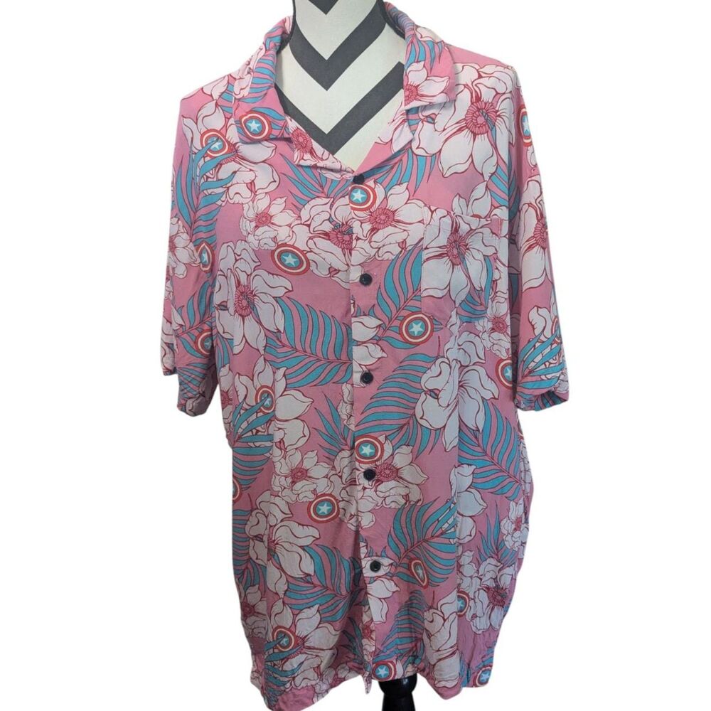 Marvel Captain America Tropical Hawaiian Shirt XL Pink White Blue Button Up
